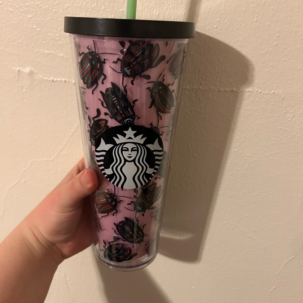 RARE Starbucks Pink Tumbler with Beetle Design OG lid/straw